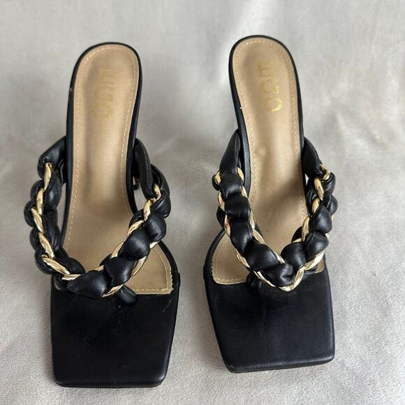 Chunky High Heels Black Braided Gold Square Toe Flare Heel Vegan Leather Size 7 - Picture 3 of 5